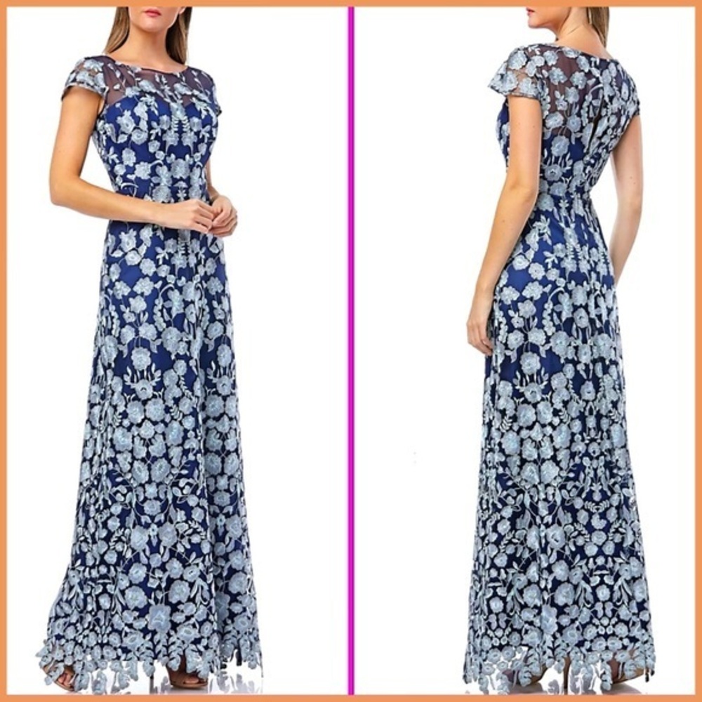 JS Collections Embroidered Navy Blue Mint Green Floral Dress Gown
